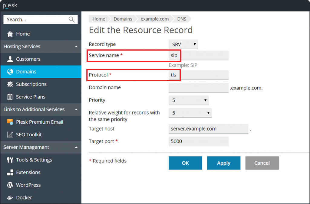 setup plesk to use external dns