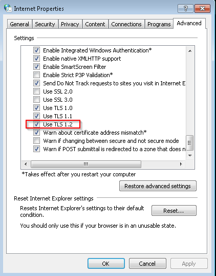 enable tls 1.2 on windows 7